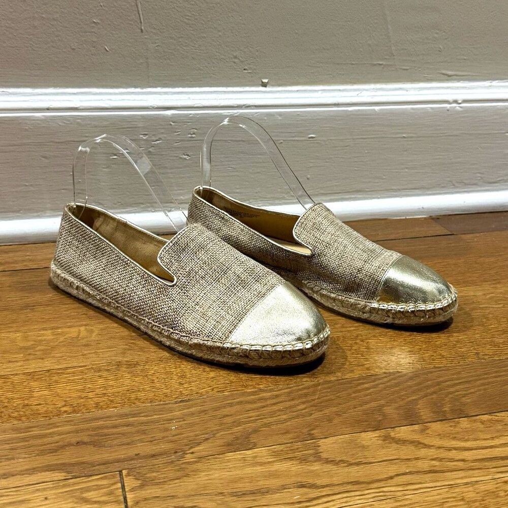 Talbots Izzy Beige Gold Linen Metallic Cap Toe Espadrille Flats Slip-On Sz 8.5 M
